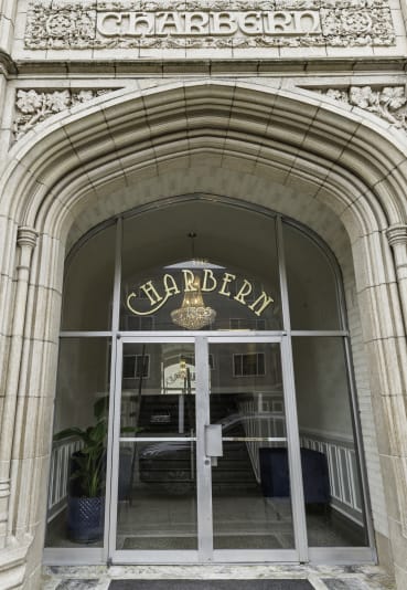 the entrance to the carpenter building  at Charbern Apartment Homes, Seattle, WA, 98122