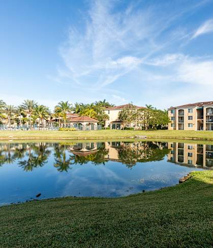 A building is reflected in a lake in front of it.