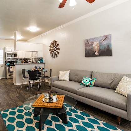 A living room with a grey couch and a coffee table.