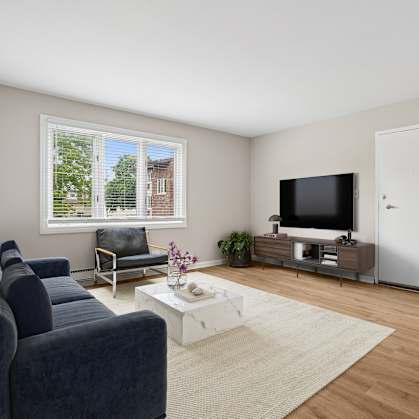 A living room with a blue couch and a television.