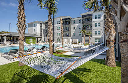 A hammock is strung between two palm trees on a sunny day.