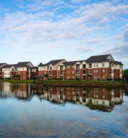 row of buildings on the lake at Westlake