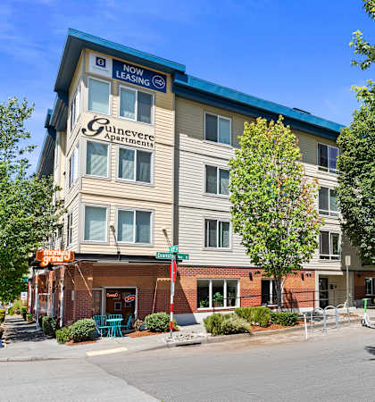 a view of the hotel from the street at Guinevere Apartment Homes, Seattle, WA