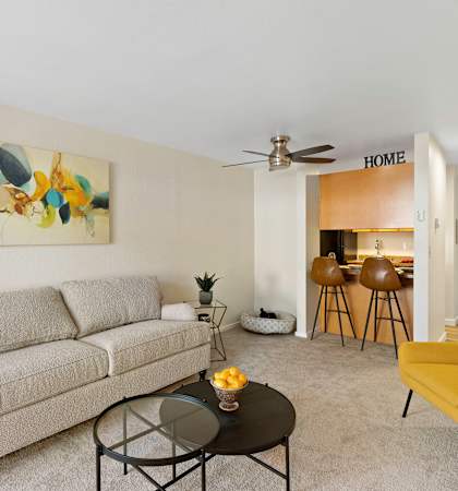 a living room with a couch and a coffee table and a kitchen in the background