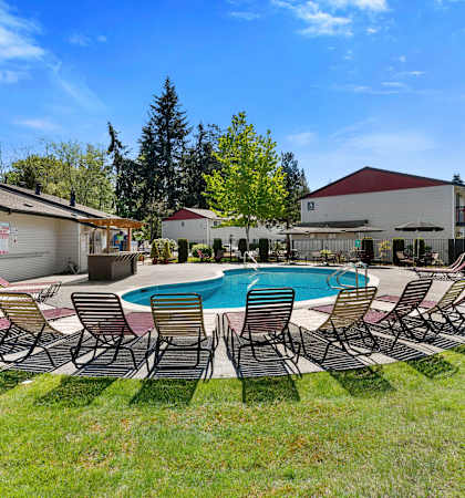 take a dip in the pool at Pinewood Square Apartment Homes, Washington, 98087