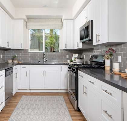 Kitchen with Stainless Steel GE Appliances  at Sorano Apartments, Moreno Valley  at Sorano Apartments, Moreno Valley, 92557