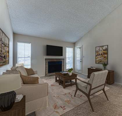 A living room with a fireplace and a television.