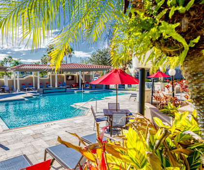 a resort style pool with lounge chairs and umbrellas