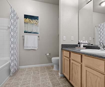 A bathroom with a toilet, sink, and shower.
