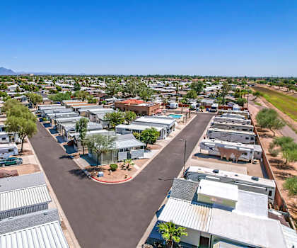 an aerial view of a mobile home park in a city