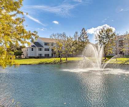 a fountain in a pond with a building in the background