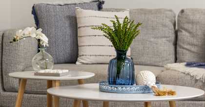 A living room with a grey couch, a white coffee table, and a blue vase with greenery.