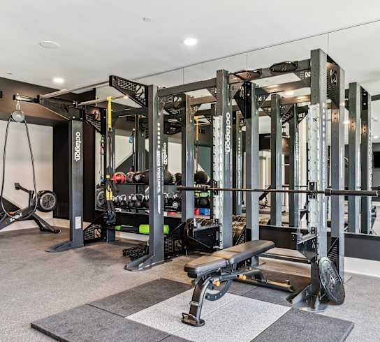 a home gym with weights machines and a tv