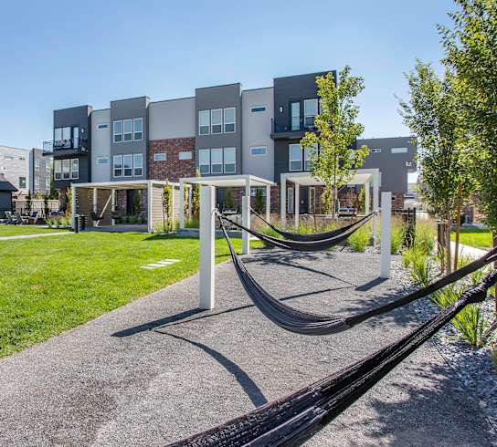 a hammock area in the courtyard of the residences at omni louisville apartments