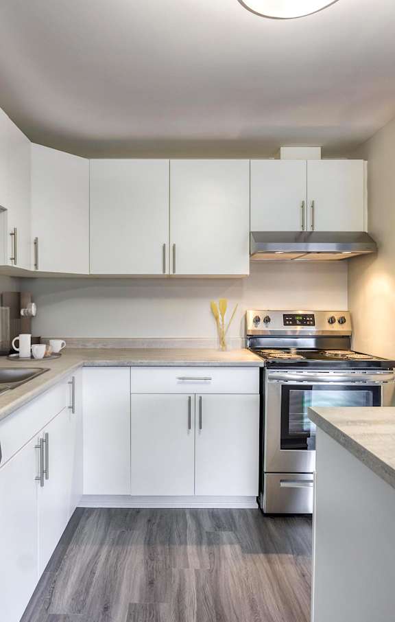 A modern kitchen with a view of the city.