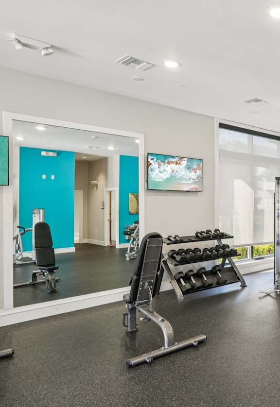 A gym with a variety of equipment including weights and cardio machines.