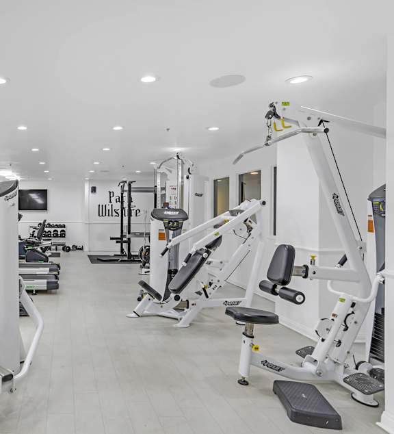 A gym with a variety of equipment including treadmills, weights, and exercise machines.at Park Wilshire, Los Angeles California