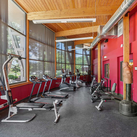 A gym with a variety of exercise equipment including treadmills, stationary bikes, and weights.