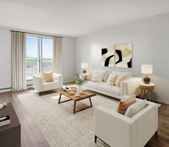 A living room with a white couch, a coffee table, and a painting on the wall.