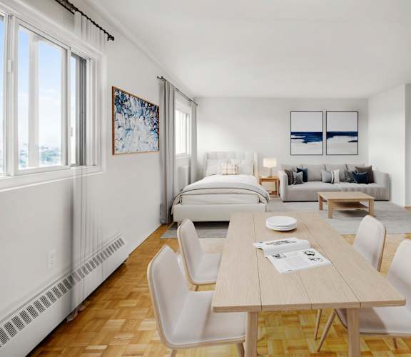 A dining room with a table and chairs is shown.