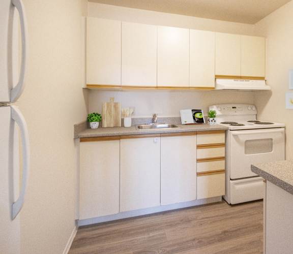 A kitchen with a white oven and a white fridge.