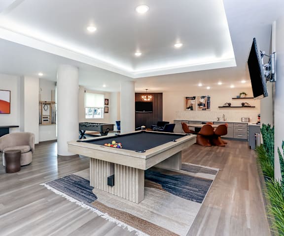 A billiard table is in the middle of a room with a television and a couch.