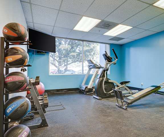 a gym with exercise equipment and a window