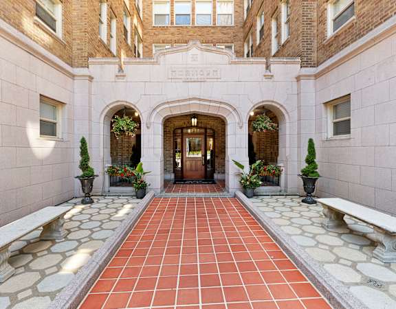 a view of the entrance to the building from the courtyard