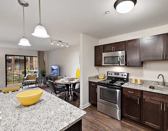 A modern kitchen with granite countertops and stainless steel appliances at MainCentre, Michigan, 48167
