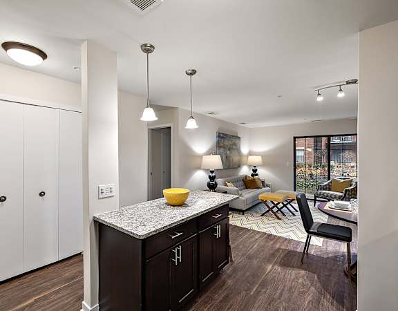 A kitchen with dark wood cabinets and a granite countertop at MainCentre, Michigan, 48167
