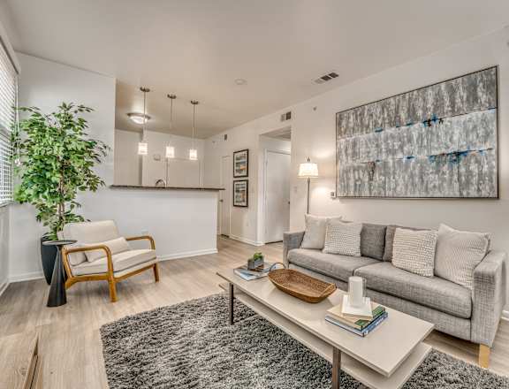 Cozy living room at Vue Live Oak Apartments, Dallas, Texas
