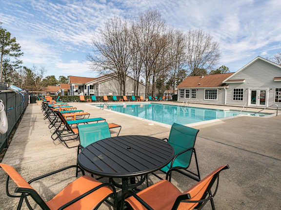 our apartments have a resort style pool with chairs and tables