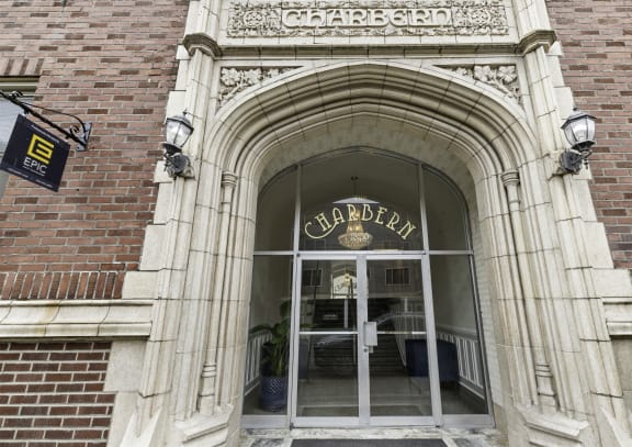 the entrance to the carpenter building  at Charbern Apartment Homes, Seattle, WA, 98122