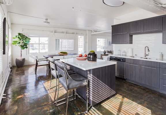 Penthouse Kitchen with Island at San Fernando Building, LA, 90013