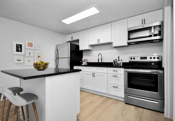 a kitchen with white cabinets and stainless steel appliances and a black counter top