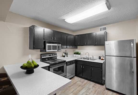 A modern kitchen with black cabinets and stainless steel appliances.