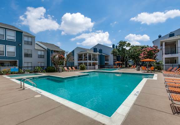 our apartments have a large swimming pool in front of our buildings at Seacrest Apartments, Garland, TX