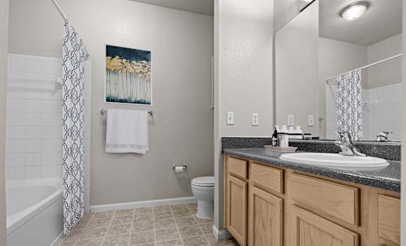 A bathroom with a toilet, sink, and shower.