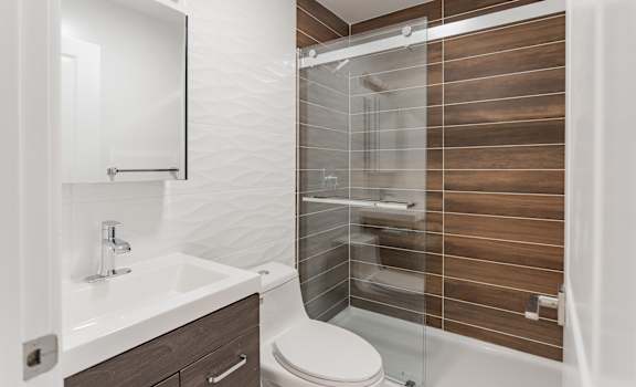 A modern bathroom with a walk-in shower and a white sink.