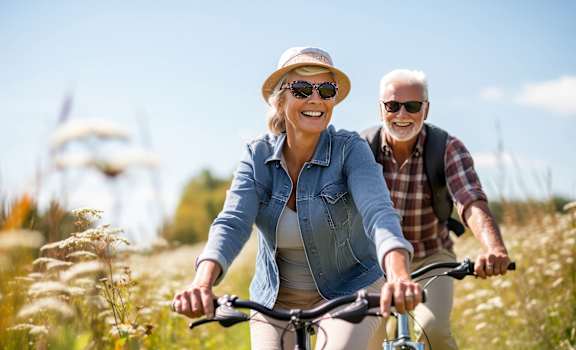 a man and a woman riding bikes down a field