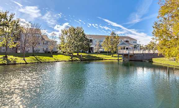 the view of a body of water with houses on the other side