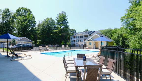 Exterior view of outdoor seating and pool at Mallory Ridge, Bloomfield, CT, 06002
