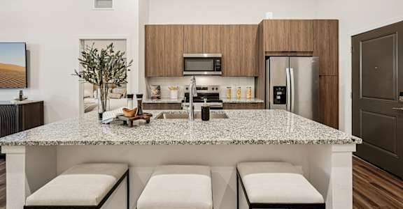 A modern kitchen with a granite countertop and stainless steel appliances at The Stadler Luxury Apartments, Bradenton, 34210