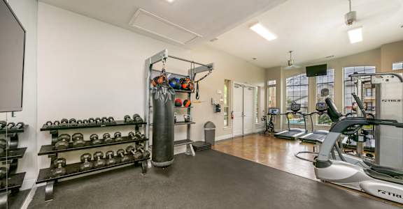 the gym at the flats at big tex apartments at Sunrise Canyon, Universal City, TX, 78148
