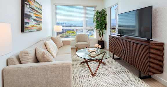 A living room with a couch, a chair, a coffee table, a television, and a plant.