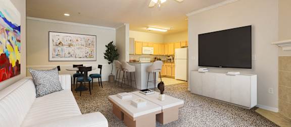 A living room with a white sofa, green chairs, and a television at Village on the Lake Apartments, Spring Lake, North Carolina