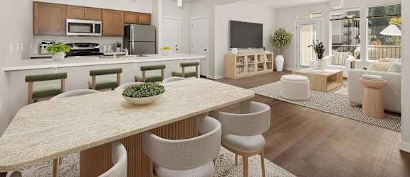 A modern kitchen with a dining table and chairs.