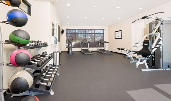 a spacious fitness room with weights and cardio equipment