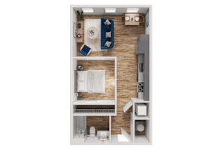 A top-down view of a small apartment with a bed, desk, and kitchenette.