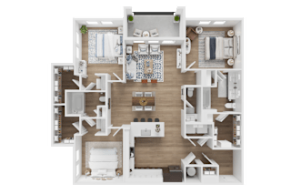 A detailed 3D floor plan of a house layout.